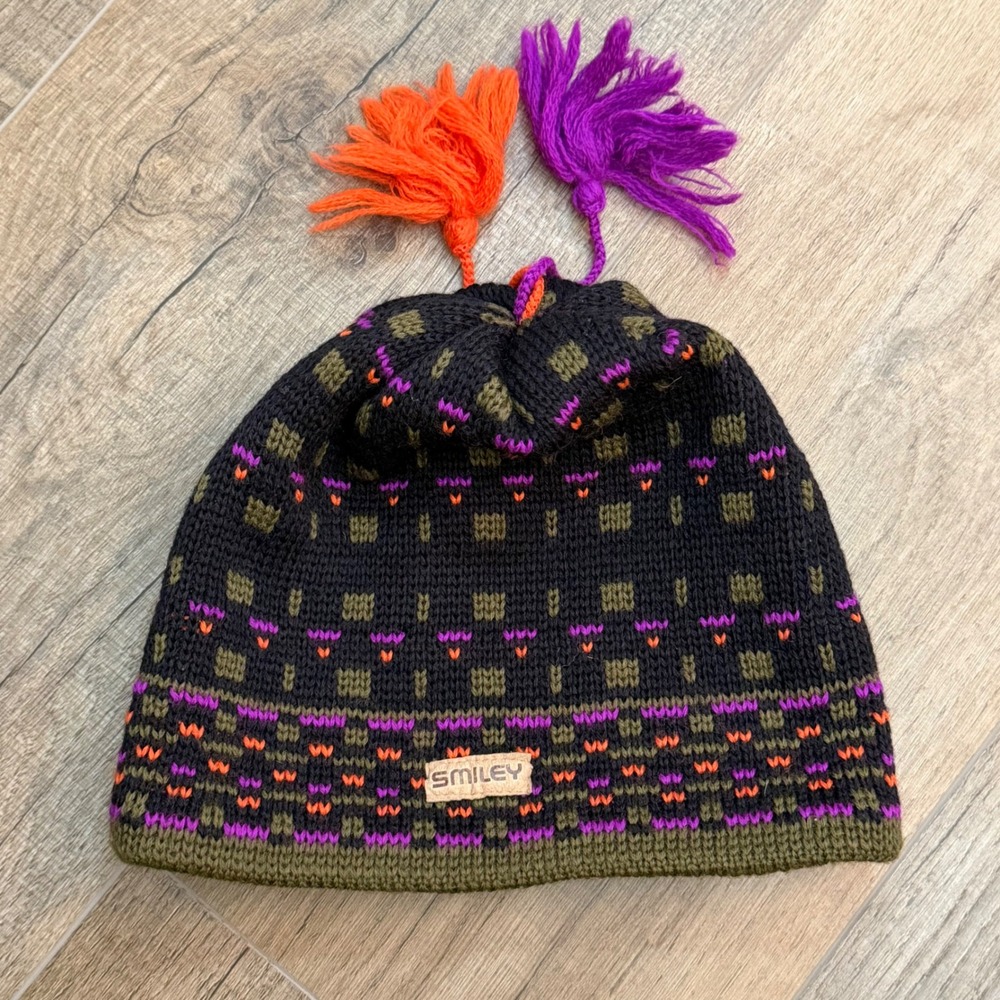 Smiley 100% Pure Wool Knit Beanie Tassel Fleece Lined Fair Isle Hat USA Gorpcore